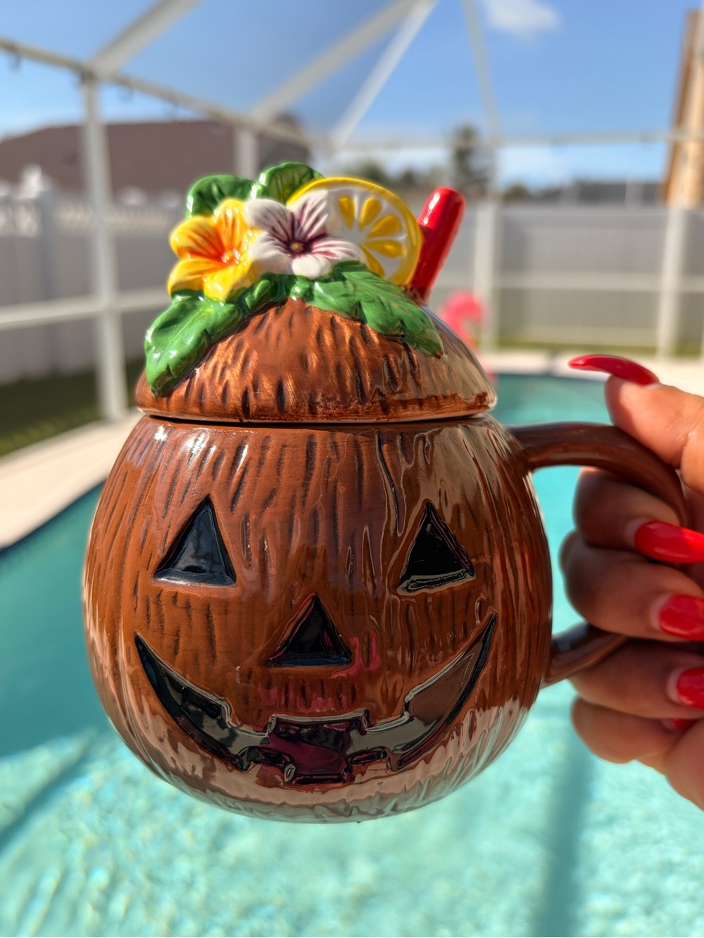 jack-o'-lantern Pumpkin face Tiki Mug with Floral Lid